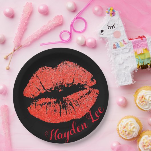 シックで黒い及びグリッターの赤い唇は紙皿を印刷します ペーパープレート (パーティー)