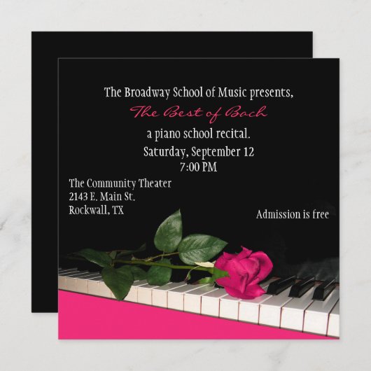 シックで黒い及びピンクのカスタムなピアノ演奏会の招待状 招待状 (正面/裏面)