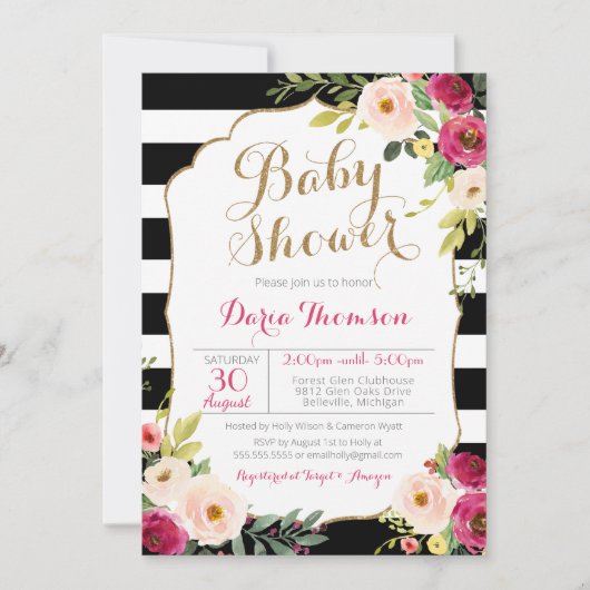 シックで黒い及び白のストライプなピンクの花のベビーシャワー 招待状 (正面)
