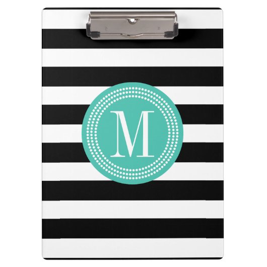 シックで黒い及び白のストライプのパーソナライズなモノグラム クリップボード (正面)