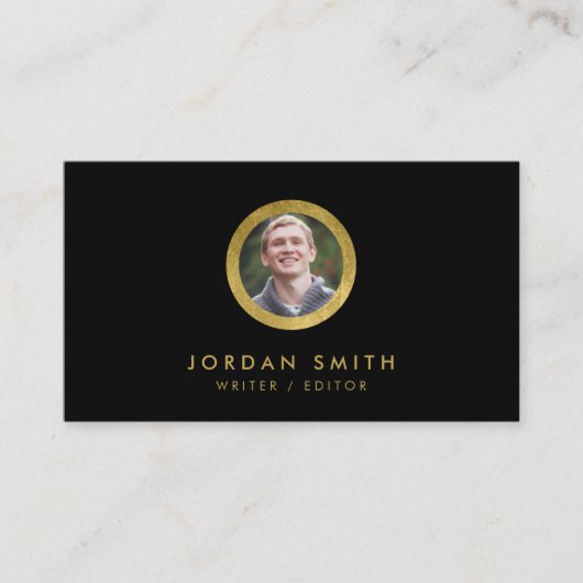 シックで黒く及びフェイクな金ゴールドのプロフィールの写真の会合媒体 名刺 (正面)