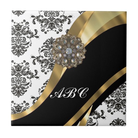 シックで黒く及び白いダマスク織及び金ゴールド タイル (正面)