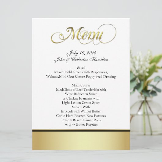 シックで黒く、白い、および金ゴールドのカスタムな結婚式メニュー メニュー (スタンド正面)