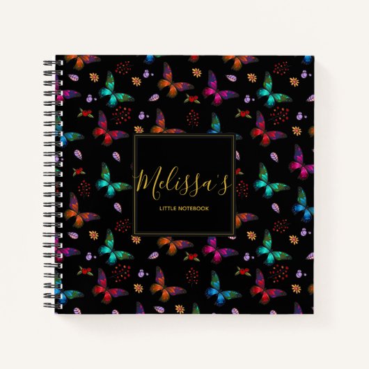 シックとカラフル蝶オンブラックカスタム ノートブック (正面)