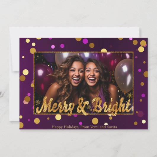 シックとフェスティバルパープルと金ゴールド紙吹雪写真 シーズンカード (正面)