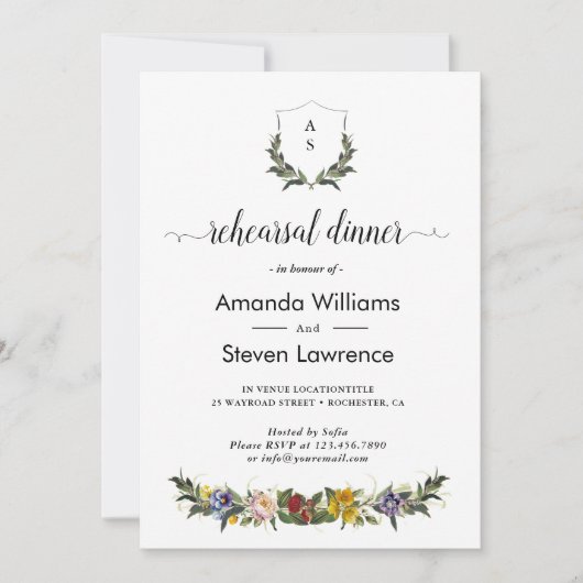 シックなお洒落ヴィンテージフローラリハーサルディナー 招待状 (正面)