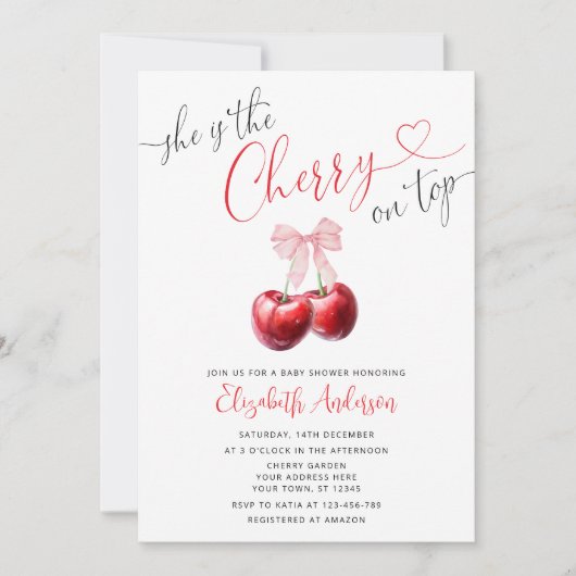シックなさくらんぼオントップコケットベビーシャワー 招待状 (正面)