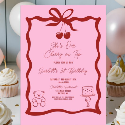 シックなさくらんぼオントップボウピンクと赤の誕生日 招待状