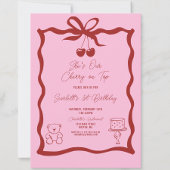シックなさくらんぼオントップボウピンクと赤の誕生日 招待状