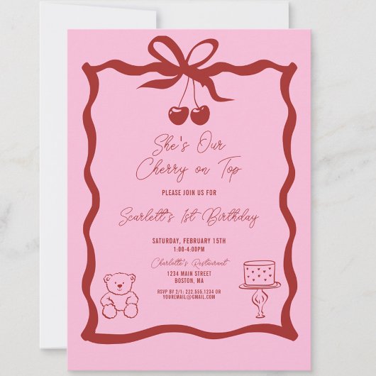 シックなさくらんぼオントップボウピンクと赤の誕生日 招待状