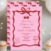 シックなさくらんぼオントップボウピンクと赤の誕生日 招待状