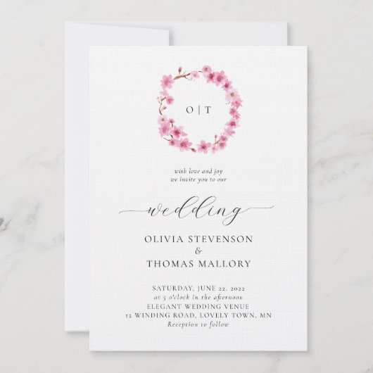 シックなさくらんぼリースクレストモノグラム結婚ズ 招待状 (正面)