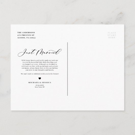 シックなたった今結婚しました書道オーバーレイフォト 案内ポストカード (裏面)
