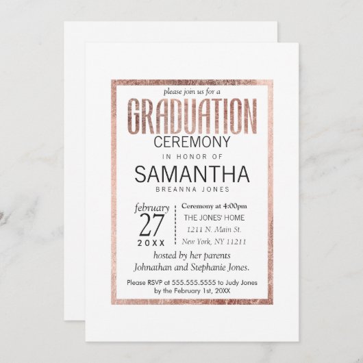 シックなのどのばら色の金ゴールドの卒業式の招待状 招待状 (正面/裏面)