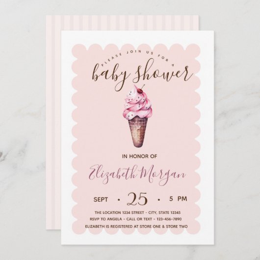 シックなアイスクリームベビーストライプのシャワー 招待状 (正面/裏面)