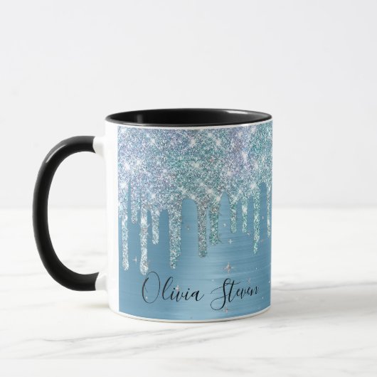 シックなアイスブルーアクアドリップグリッターモノグラム マグカップ (左)