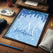 シックなアイスブルーグラデーショングリッタードリップモノグラムのノート ノートブック