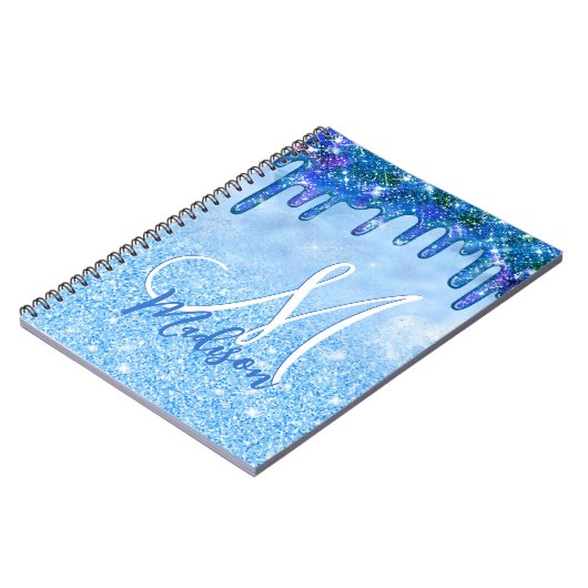 シックなアイスブルーグラデーショングリッタードリップモノグラムのノート ノートブック (左側)