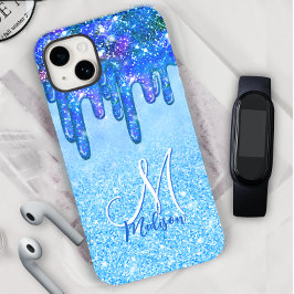 シックなアイスブルーグラデーショングリッタードリップモノグラムのノート Case-Mate iPhone 14ケース