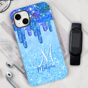 シックなアイスブルーグラデーショングリッタードリップモノグラムのノート Case-Mate iPhone 14ケース