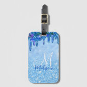シックなアイスブルーグラデーショングリッタードリップモノグラム ラゲッジタグ (正面縦)