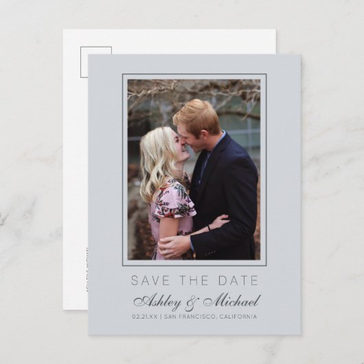 シックなアイスブルー日付を保存婚約写真 案内ポストカード (正面/裏面)