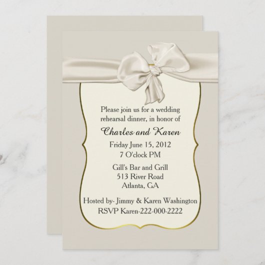 シックなアイボリーの弓結婚式のリハーサルの招待状 招待状 (正面/裏面)