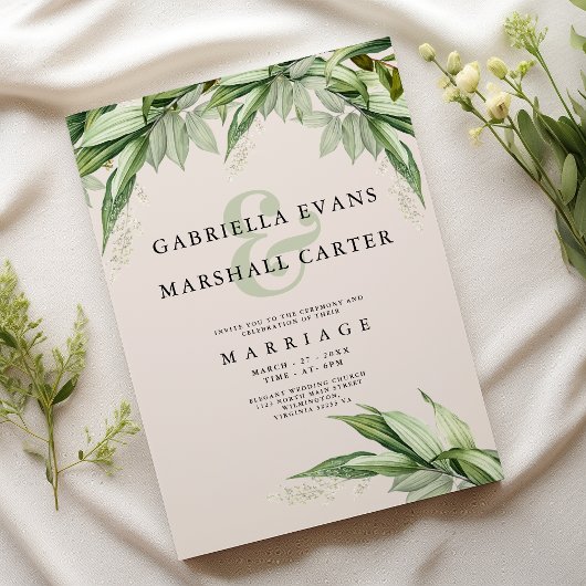 シックなアイボリーの緑の葉のフローラアンパサンド結婚ズ 招待状