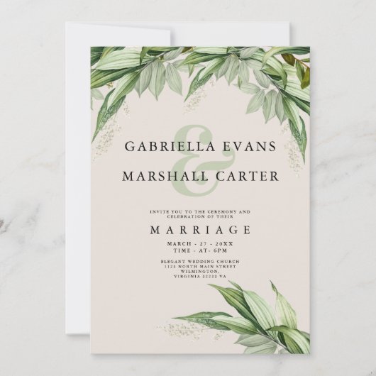 シックなアイボリーの緑の葉のフローラアンパサンド結婚ズ 招待状 (正面)