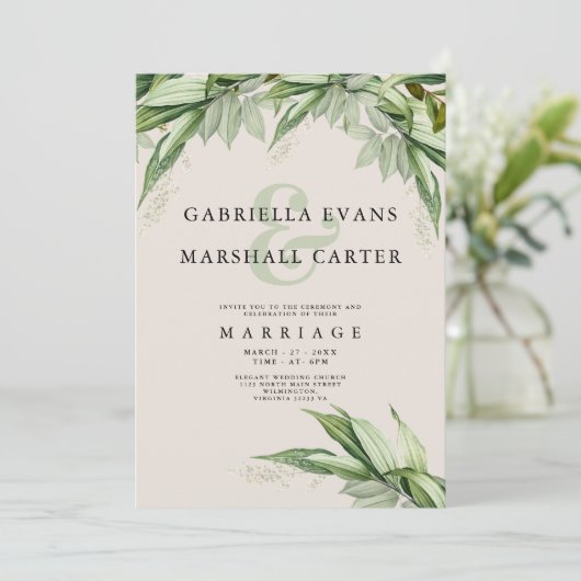 シックなアイボリーの緑の葉のフローラアンパサンド結婚ズ 招待状 (スタンド正面)