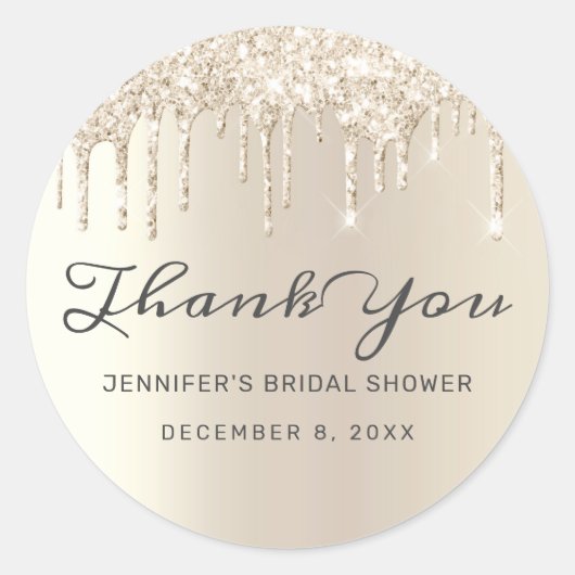 シックなアイボリーグリッタードリップスブライダルシャワーサンキューユー ラウンドシール (正面)