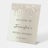 シックなアイボリードリッピンググリッターブライダルシャワーへようこそ 台座サイン (正面)