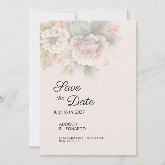 シックなアイボリーピンクブルー夏のフローラ日付を保存 招待状
