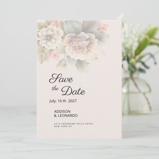 シックなアイボリーピンクブルー夏のフローラ日付を保存 招待状 (スタンド正面)