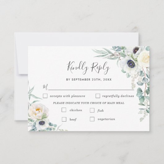 シックなアイボリー牡丹ホワイトフローラ結婚の食事の選択 出欠カード (正面)