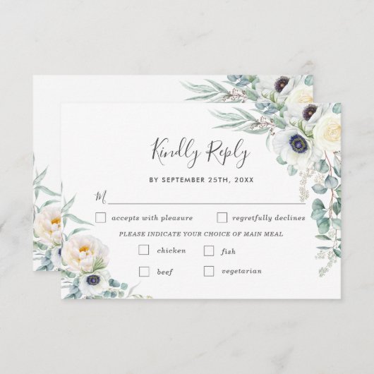 シックなアイボリー牡丹ホワイトフローラ結婚の食事の選択 出欠カード (正面/裏面)