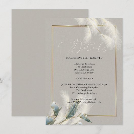 シックなアイボリー色のパンパス草 ティール色のアンセリウム 招待状 (正面/裏面)