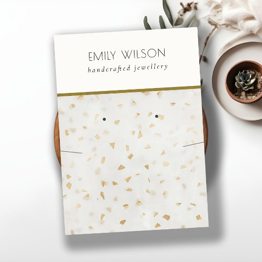 シックなアイボリー金ゴールドテラゾテクスチャネックレスイヤリング 名刺