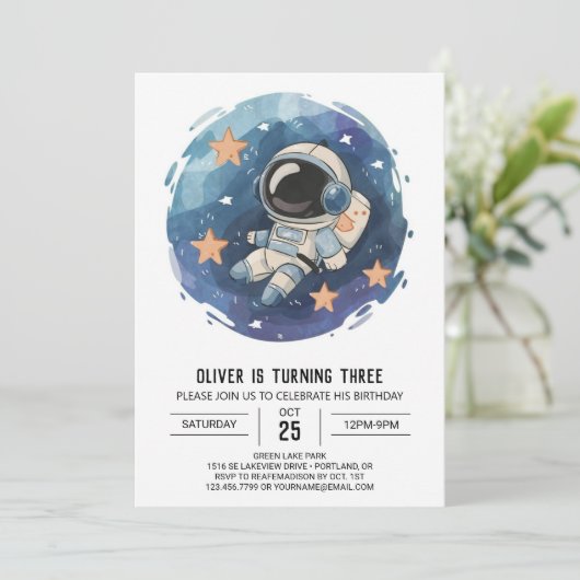 シックなアウタースペースコズミック宇宙飛行士ボーイ誕生日 招待状 (スタンド正面)