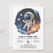 シックなアウタースペース子供宇宙飛行士ボーイ誕生日 招待状 (正面)
