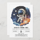 シックなアウタースペース子供宇宙飛行士ボーイ誕生日 招待状 (正面/裏面)