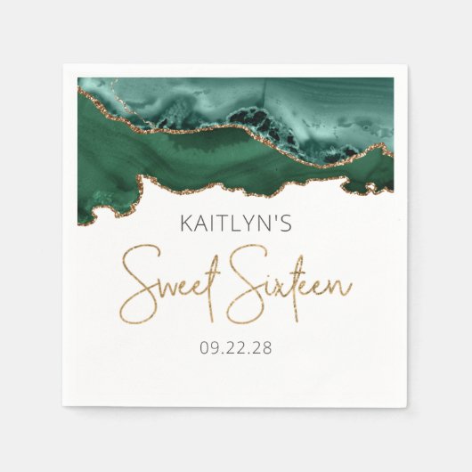 シックなアガテエメラルドグリーン金ゴールドスウィート16誕生日 スタンダードカクテルナプキン (正面)