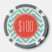 シックなアクアグリーンシェブロンとオレンジ色のカスタムモノグラム ポーカーチップ (裏面)