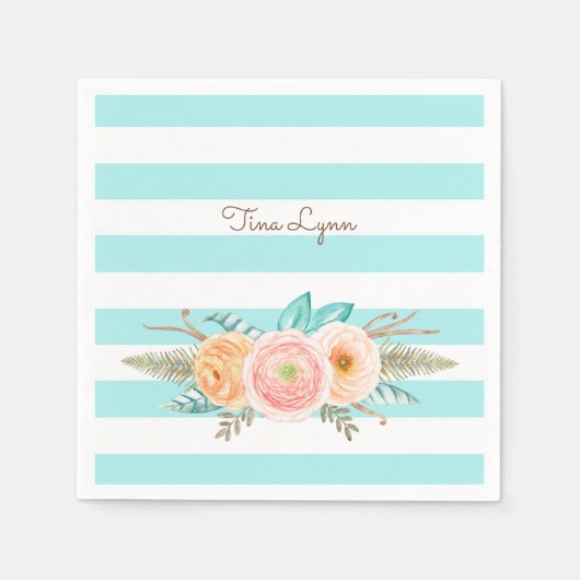 シックなアクアストライプのフェミニンフローラと名前 スタンダードカクテルナプキン (正面)