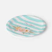 シックなアクアストライプのフェミニンフローラと名前 ペーパープレート (アングル)