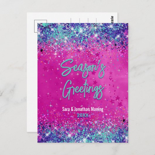 シックなアクアピンクグリッタークリスマス新年 ポストカード (正面/裏面)