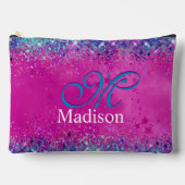 シックなアクアピンク虹色グリッターモノグラム アクセサリーポーチ (正面)