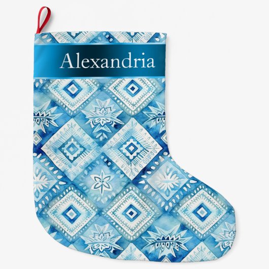 シックなアクアブルーろうけつ染めフローラクリスマスネーム ラージクリスマスストッキング (正面)
