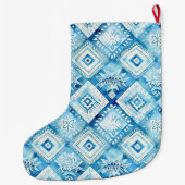 シックなアクアブルーろうけつ染めフローラクリスマスネーム ラージクリスマスストッキング (裏面)