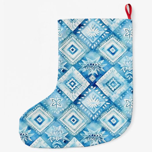 シックなアクアブルーろうけつ染めフローラクリスマスネーム ラージクリスマスストッキング (裏面)